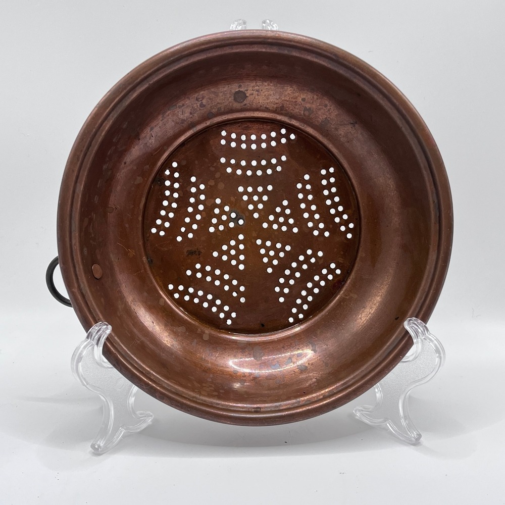 Antique Copper Colander Strainer Shallow Bowl Starburst Pattern Hanging Ring